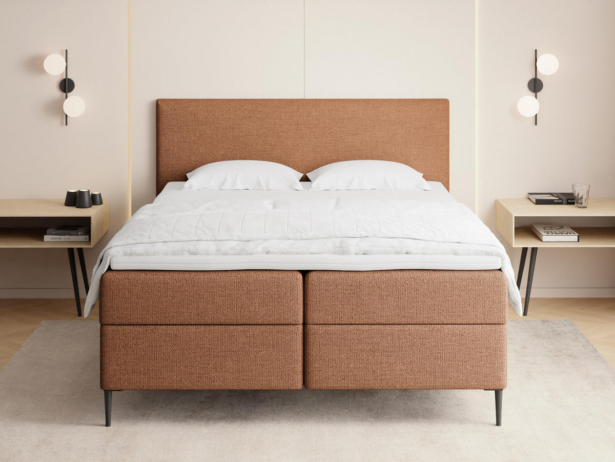 BOXBETT Alba Rise mit Bettkasten, Orange Chenille 160x200 cm – inkl. H4 Taschenfederkern Matratze & Foam Topper - Schwarz/Orange, Holz/Textil (160/200cm) - WFL GROUP