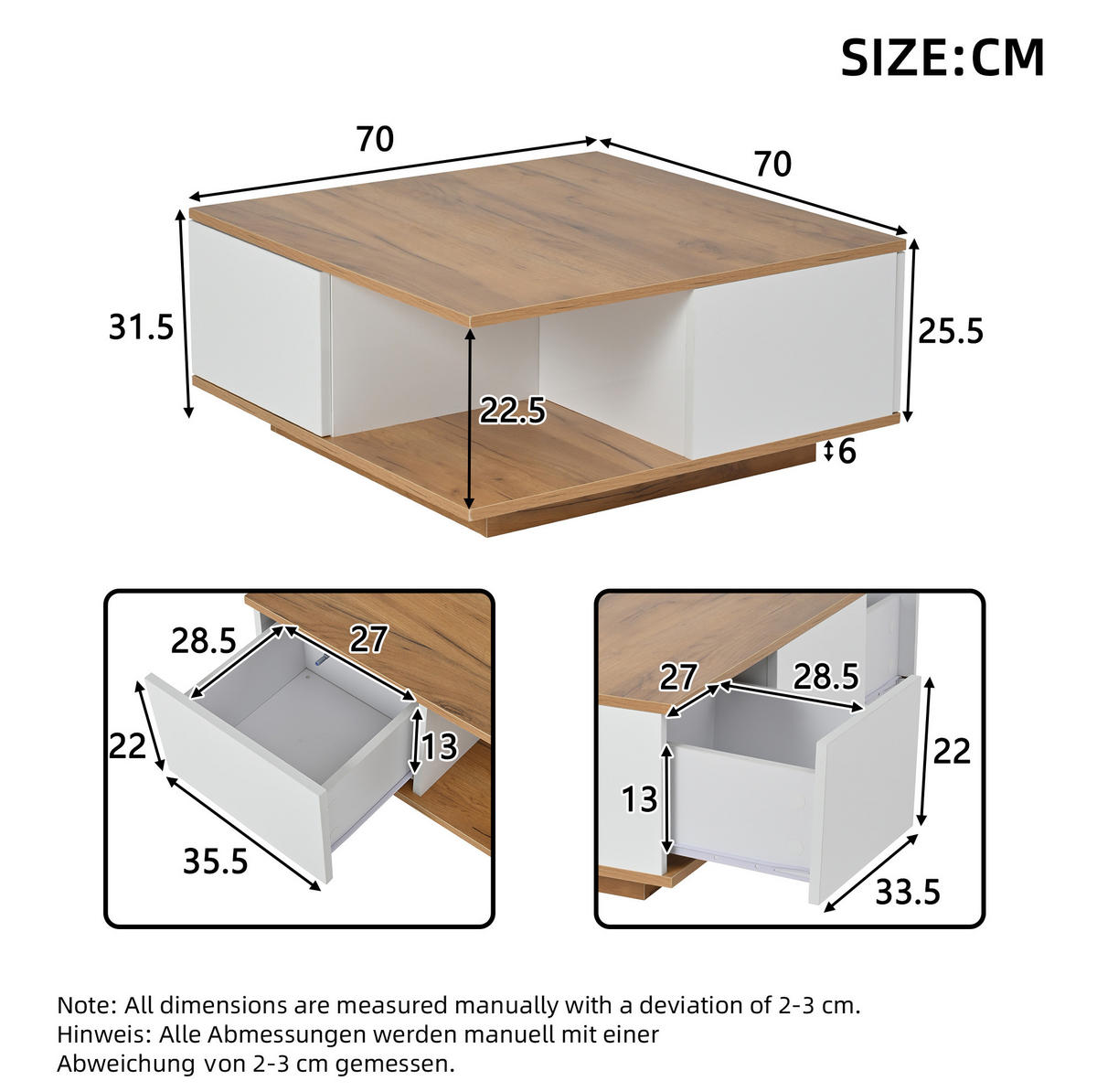 COUCHTISCH 70/70/31,5 cm mit 3 Schubladen und offenem Fach, Hochglanz-Fronten aus Spanplatte, Weiß/Walnuss - Walnussfarben, Holzwerkstoff (70/70/31.5cm) - Modfu