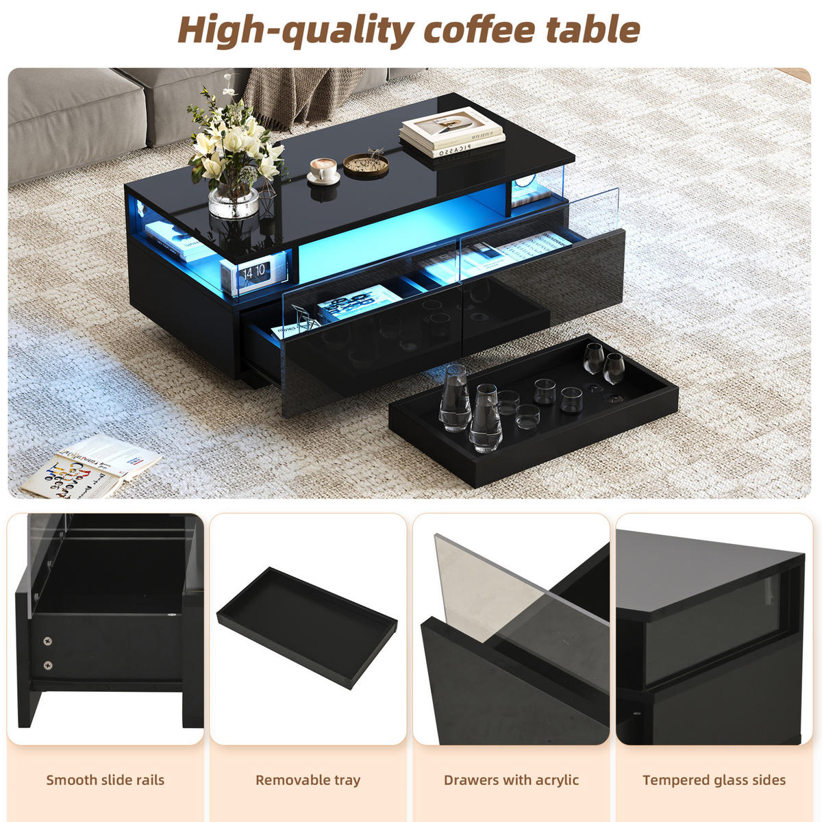 COUCHTISCH 90/45/35.5 cm in Schwarz aus MDF und Glas mit LED-Licht und Stauraum - Schwarz, Holzwerkstoff (90/45/35.5cm) - OKMYHOME