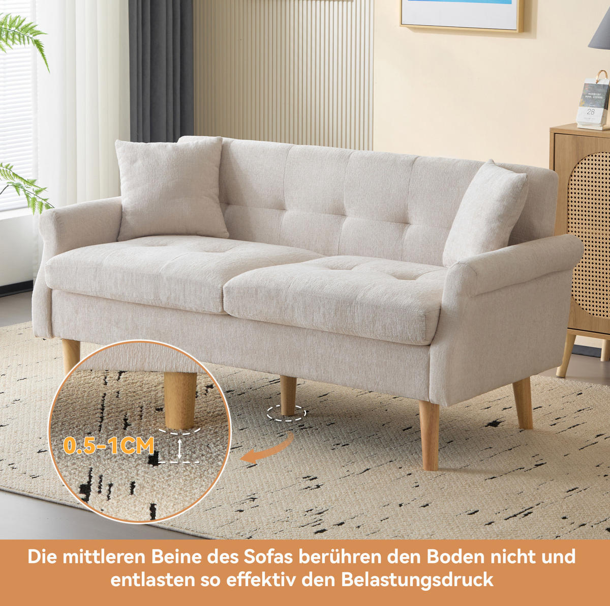 DVOJMÍSTNÁ pohovka 162/74/77 cm béžová z žinylky s měkkým sedákem a masivními nohami - béžová, textil (77/162/74cm) - OKWISH