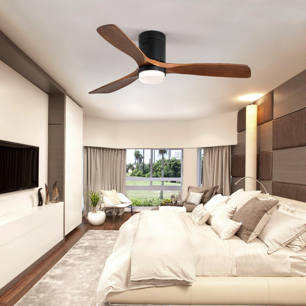 DECKENVENTILATOR DE-16295 52 Zoll mit 3 Massivholzflügeln & LED Walnuss - Schwarz, Holz/Metall (132/132/30cm) - ComfortXL