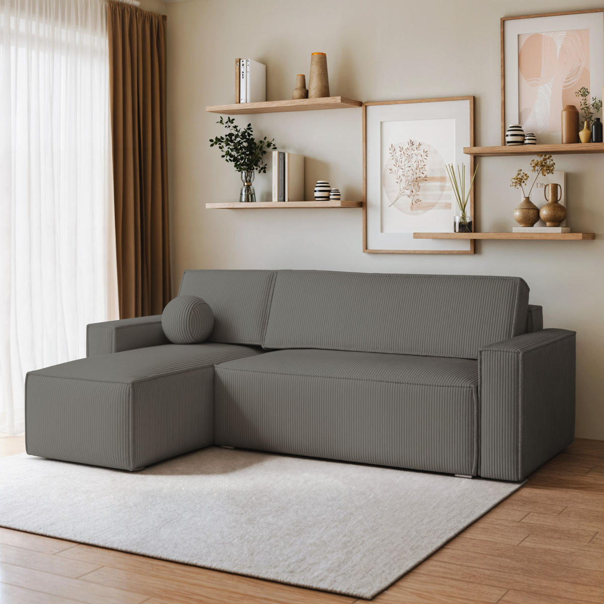 ECKSOFA RAVELO P Grau Kordstoff mit Schlaffunktion - Grau, Holz (240/140cm) - MASSENO