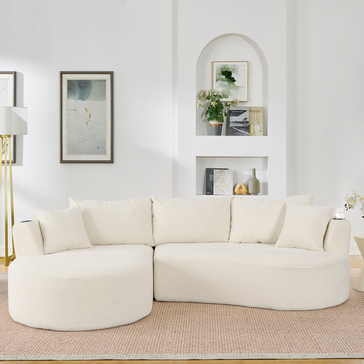 3-SITZER ECKSOFA Cord Beige mit Getränkehaltern und Kissen - Beige, Textil (264/168cm) - WISHDOR