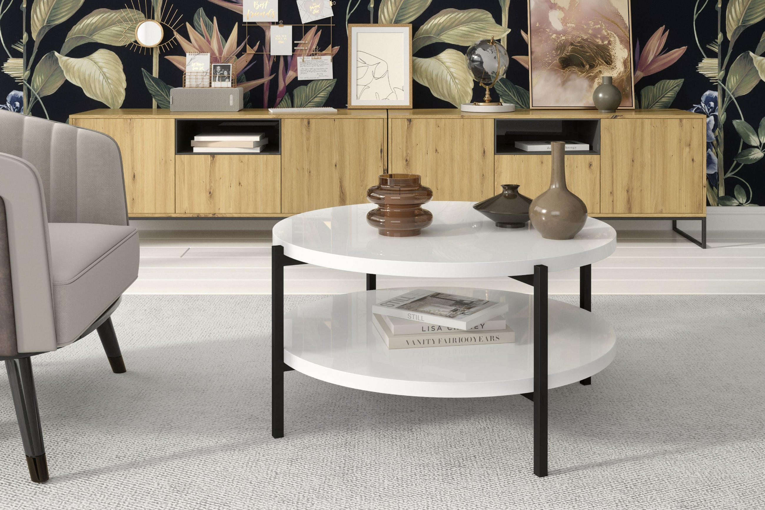 COUCHTISCH GERIS mit Ablageboden, Spanplatte, weiß - Weiß Hochglanz/Schwarz, Holz/Metall (85/85/43cm) - KONSIMO®