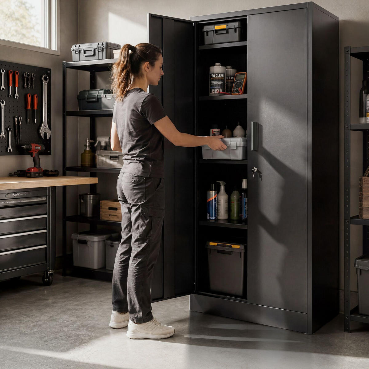 AKTENSCHRANK Brandon, Kippschutz, höhenverstellbare Füße, schwarz - Schwarz, Metall (60/180.5/40cm) - tectake