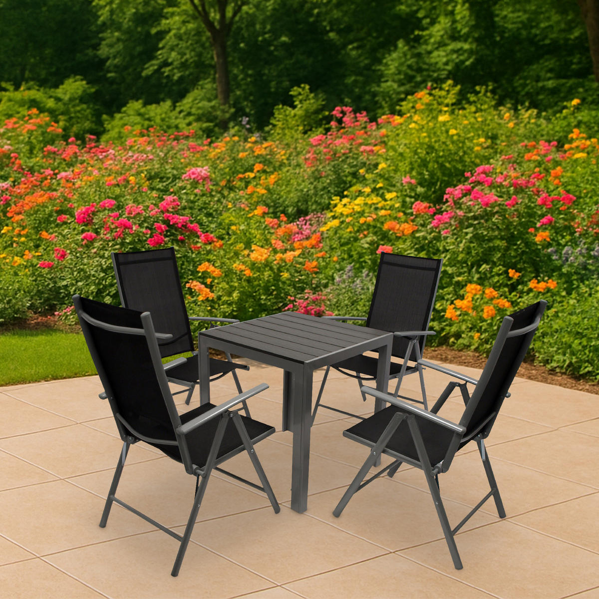 GARTEN-GARNITUR Ashford - 5-teilige Garten-Essgruppe (4x Klappsessel mit Armlehnen, 1x Tisch 70x70cm), Gestelle aus Aluminium grau - Schwarz, Metall - TPFGarden