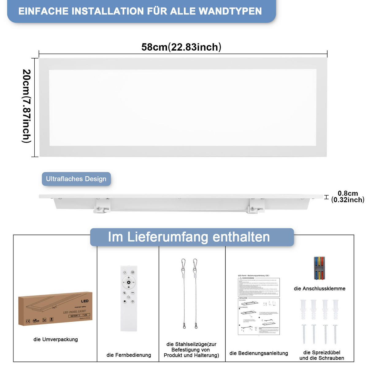 DECKENLEUCHTE PA1071EW 24W LED Dimmbar 3000K bis 6500K 58/20/3.9 CM - Weiß, Metall (58/20/3.9cm) - LOVHAUS