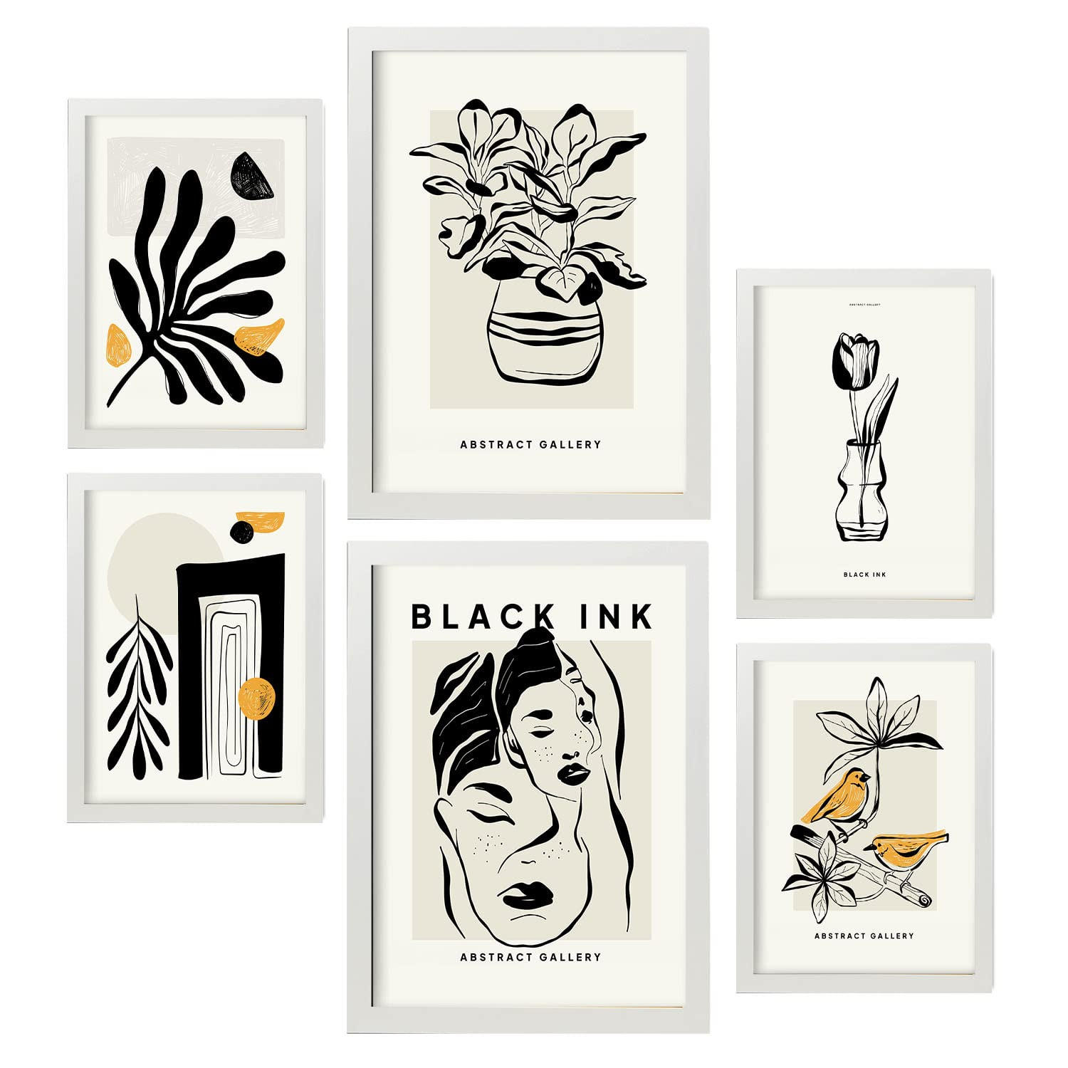 POSTER Set Mit 6 In Schwarzer Tinte Orientalisch Künstlerische Und Abstrakte Drucke Für Innenarchitektur A3 & A4 Weißer Rahmen - Weiß, Papier (29/3cm) - Nacnic