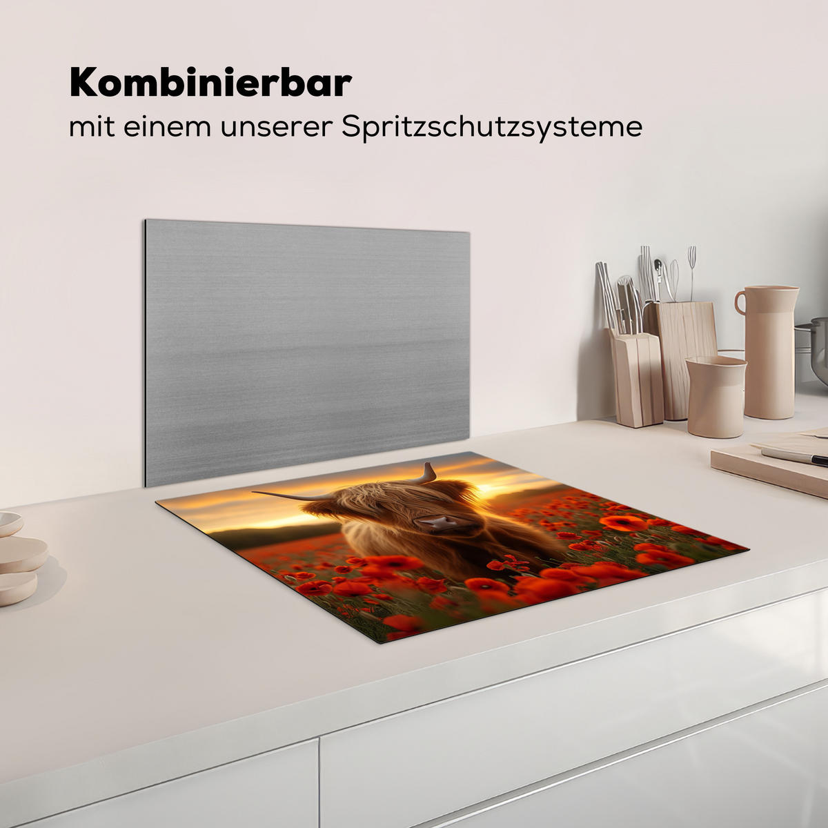 HERDABDECKPLATTE Schottische Highlander - Rosen - Blumenfeld - Sonnenuntergang Herdabdeckung Induktionsfeld 60x52 cm - Rotbraun, Kunststoff (60/52/0.2cm) - MuchoWow