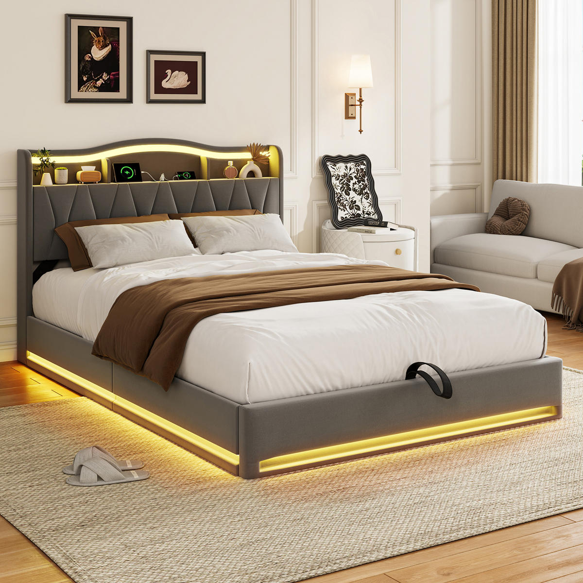 POLSTERBETT 160x200 cm mit Stauraum‑Kopfteil, Hydraulik‑Stauraum, LED und USB‑C Ladeanschlüsse, Velours‑Stoff, grau - Grau, Holz (160/200cm) - BRILVERDE
