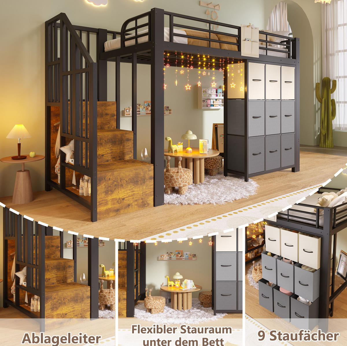 HOCHBETT aus MDF und Metall 90x200 cm Schwarz mit Schubladen, Kleiderstange und Stauraumtreppe - Schwarz, Holzwerkstoff (90/200cm) - Modfu