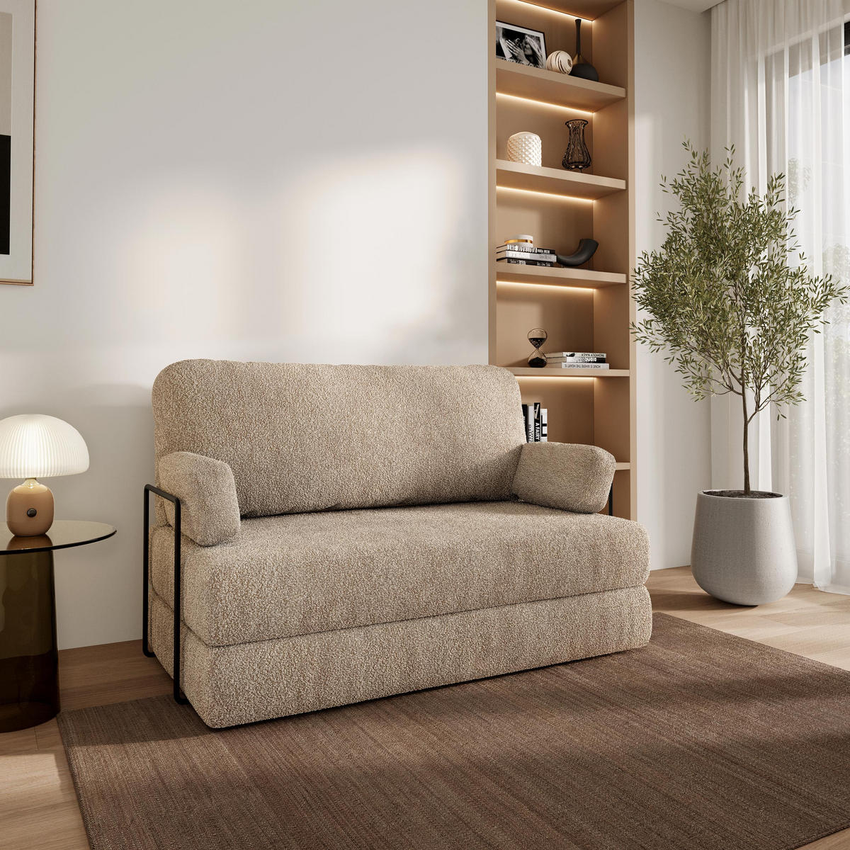 BETTSOFA KESTE aus Schaumstoff Bucle-Stoff Beige Schlaffunktion - Beige, Textil (140/86/60cm) - MASSENO
