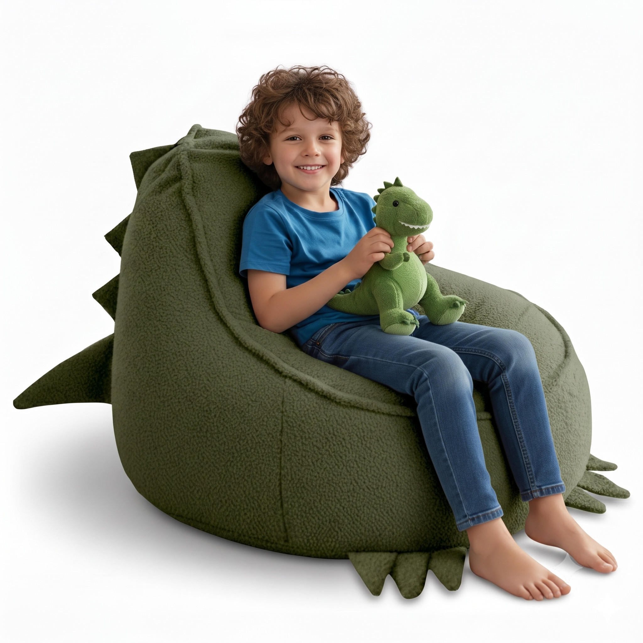 SITZSACK FÜR KINDER Dino 75/75/55 cm, weicher Bouclé 315 g/m², abnehmbarer Bezug, Forest Whisper - Dunkelgrün, Textil (75/55/75cm) - Dreamroots