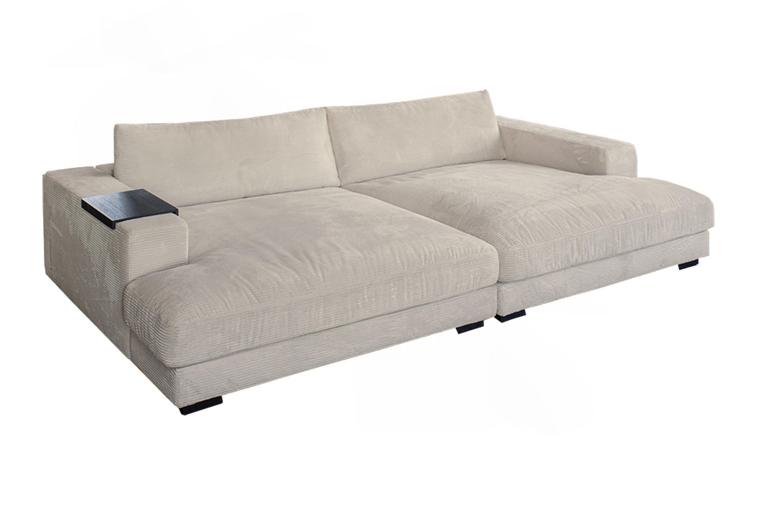 BIG SOFA XL MIT TABLETT SCHWARZ MADELINE Cremeweiß Cord - Creme/Schwarz, Kunststoff/Textil (290/85/190cm) - KAWOLA