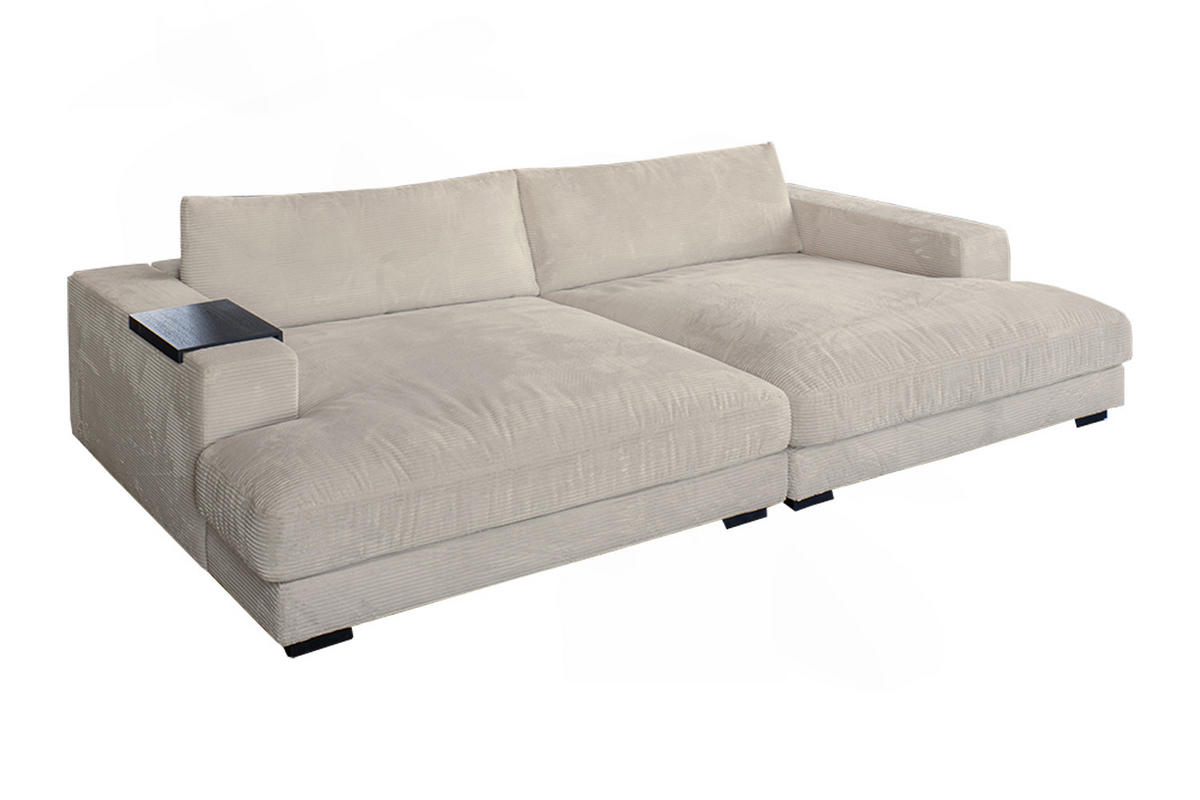 BIG SOFA XL MIT TABLETT SCHWARZ MADELINE Cremeweiß Cord - Creme/Schwarz, Kunststoff/Textil (290/85/190cm) - KAWOLA