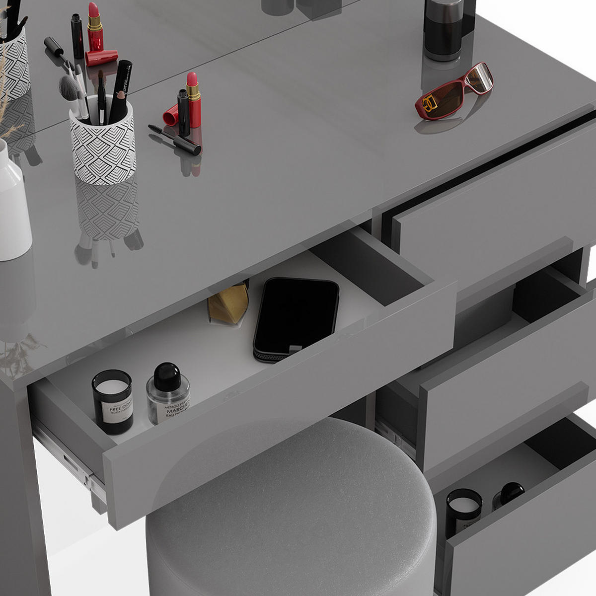 SCHMINKTISCH-SET Sherry Grau 90 cm mit Hocker - Grau, Holzwerkstoff (90/75/40cm) - Vicco