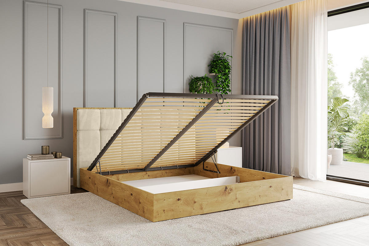 POLSTERBETT mit Bettkasten und Lattenrost, Boxbett ohne Matratze - ENZO7 140x200 Beige - Ecru, Holzwerkstoff/Textil (140/200cm) - ALTDECOR