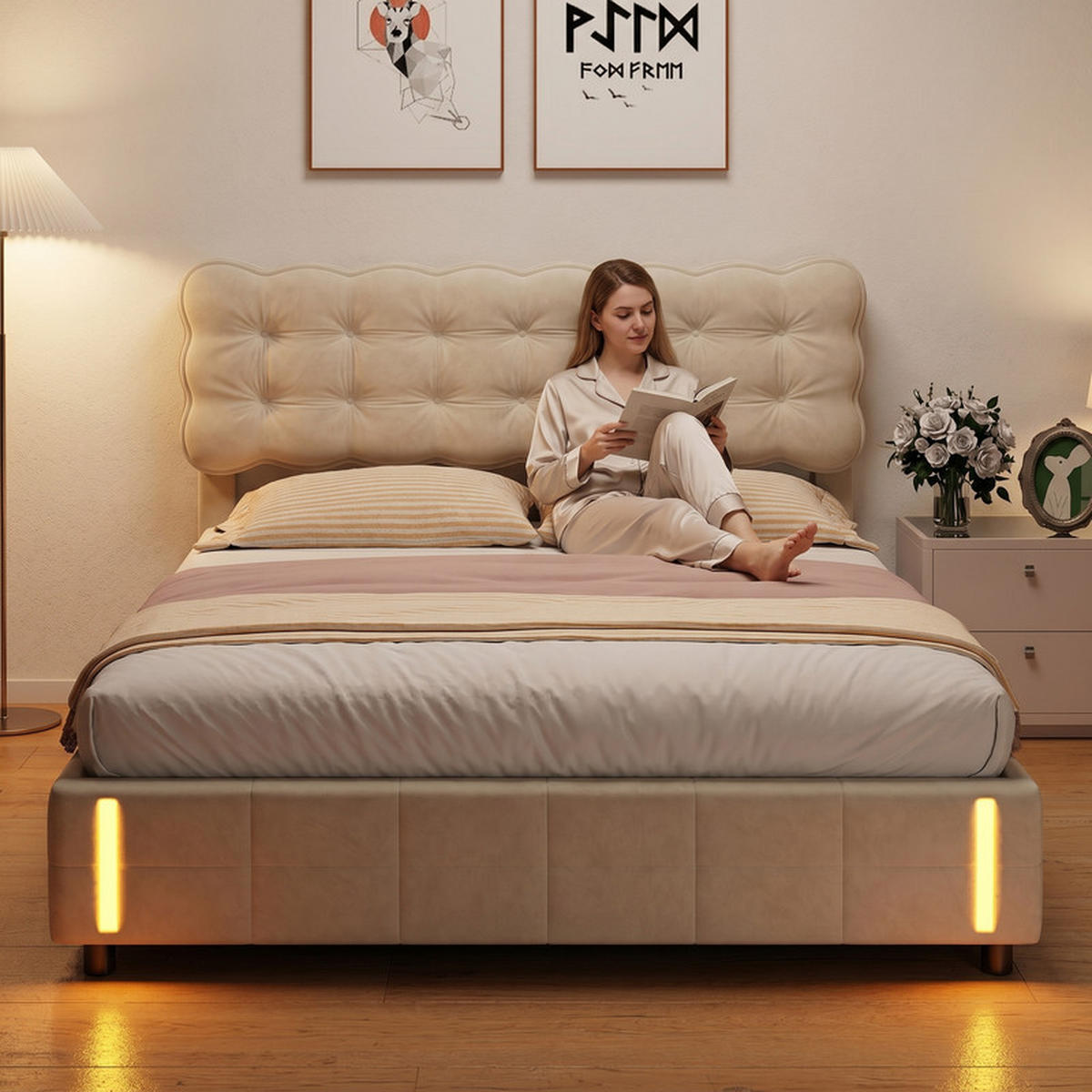 ČALÚNENÁ posteľ 160/200 cm béžová s úložným priestorom a LED osvetlením - béžová, drevo - SHOPENTRA