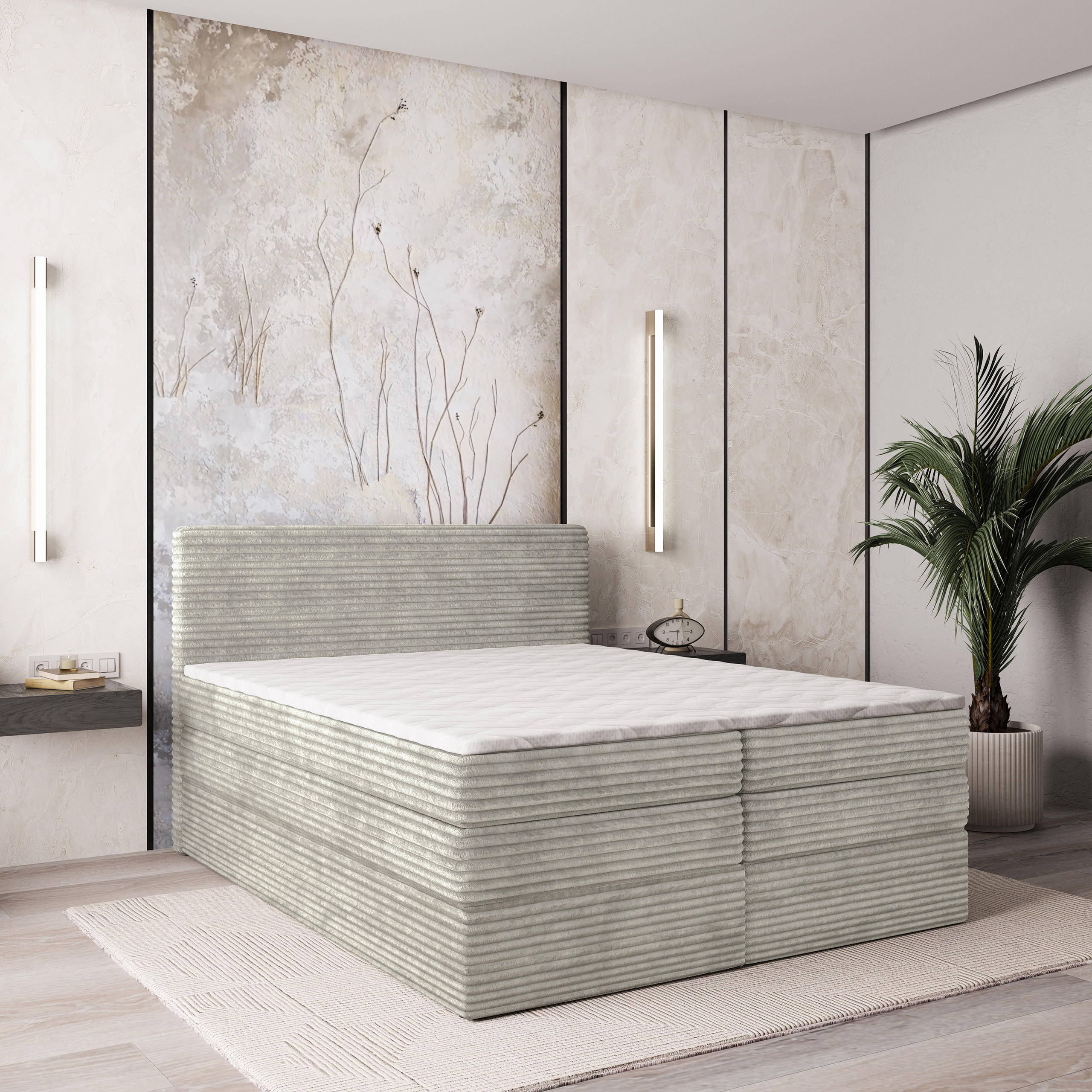BOXSPRINGBETT LUNERA 180x200 cm mit Matratze und Topper - Hellgrau - Hellgrau, Holz (180/200cm) - MASSENO