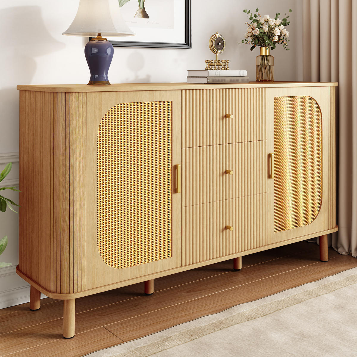 SIDEBOARD in Natur mit Rattan-Türen und gewellten Schubladen, MDF, Metallbeine mit Holzmaserung, 140/40/80 cm,Naturfarben - Naturfarben, Holzwerkstoff (140/80/40cm) - Redom
