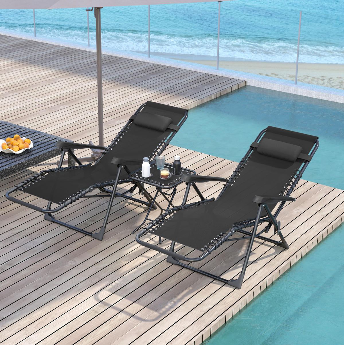 GARTENLIEGE-SET 90/65/110 cm schwarz aus Metall klappbar mit Tisch - Schwarz, Metall (65/110/90cm) - OKWISH