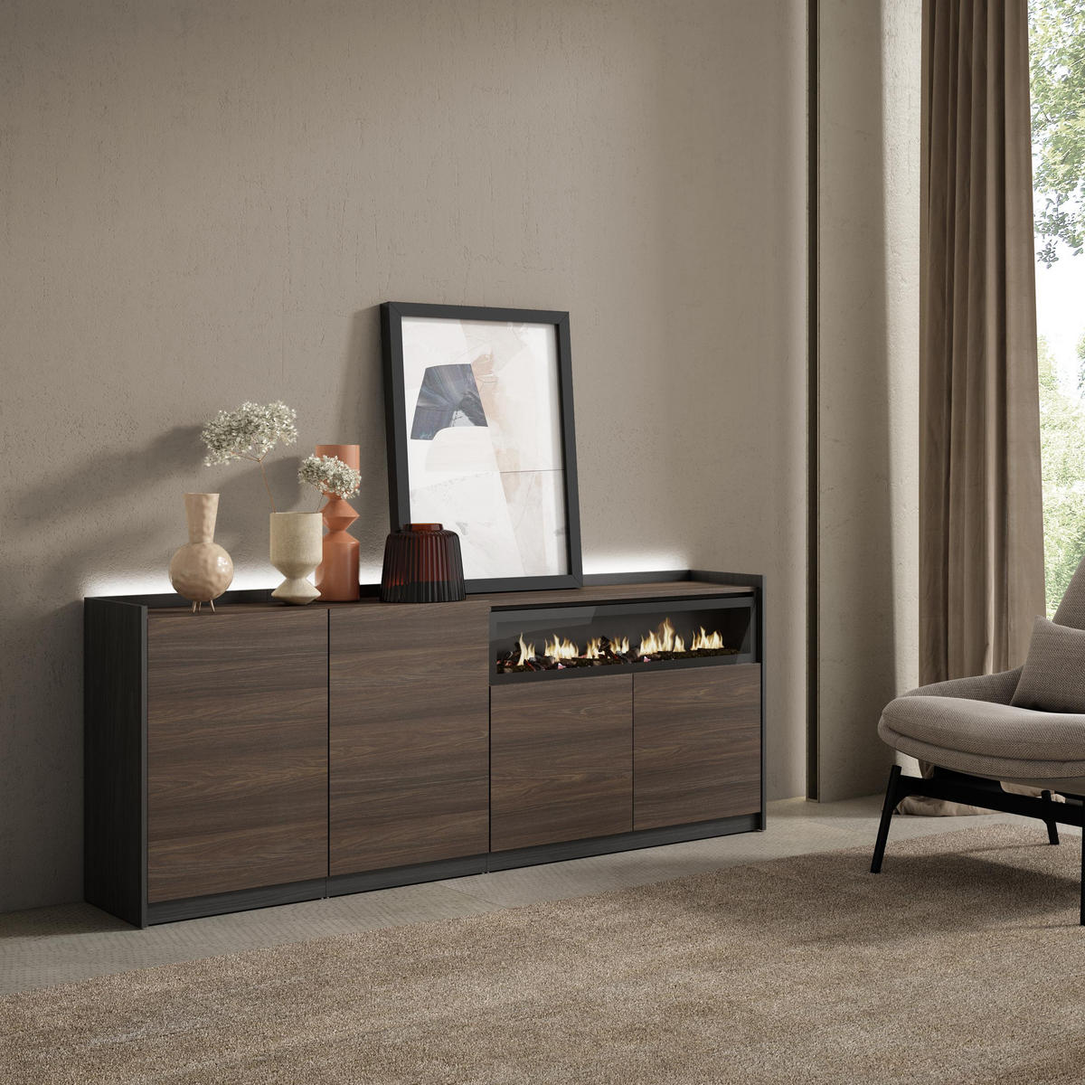 SIDEBOARD, Eiche und Schwarz, 207/37/80cm, Kamin mit Feuereffekt - Dunkelbraun, Holzwerkstoff (207/80/37cm) - Skraut Home