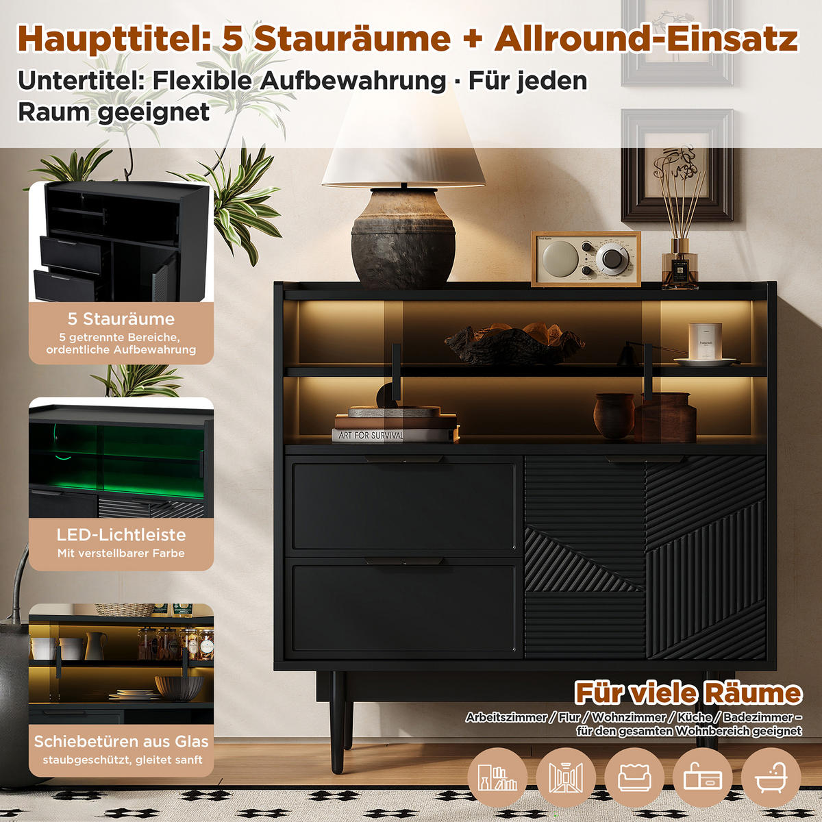 SIDEBOARD in Schwarz Aufbewahrungsschrank , mit LED-Lichtleiste Glastür Stauraum Badmöbel B80/T35/H80cm - Transparent/Schwarz, Glas/Holzwerkstoff (80/80/35cm) - STILVORA