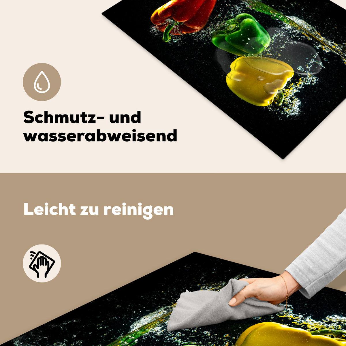HERDABDECKPLATTE Paprika - Gemüse - Wasser - Schwarz - Rot - Grün - Gelb Ceranfeldabdeckung 76x51.5 cm - Multicolor, Kunststoff (76/51.5/0.2cm) - MuchoWow