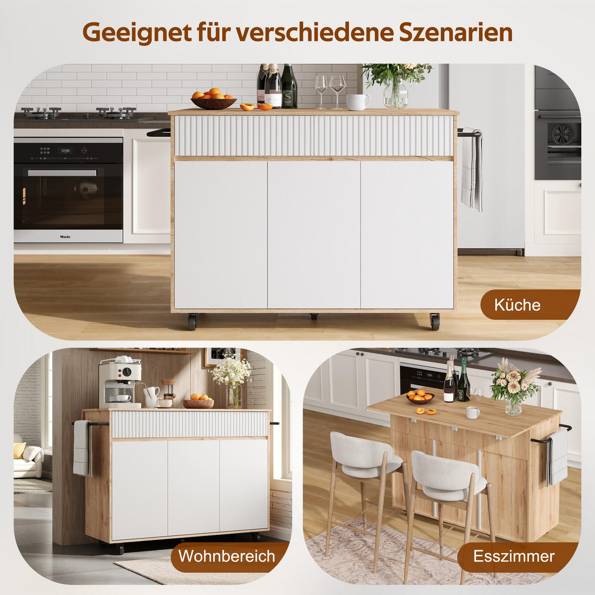 KÜCHENINSEL auf Rollen 120/65/91 cm Weiß mit klappbarer Arbeitsplatte und 2 Schublade - Silberfarben/Weiß, Holz/Holzwerkstoff (65/91/120cm) - Oxeza