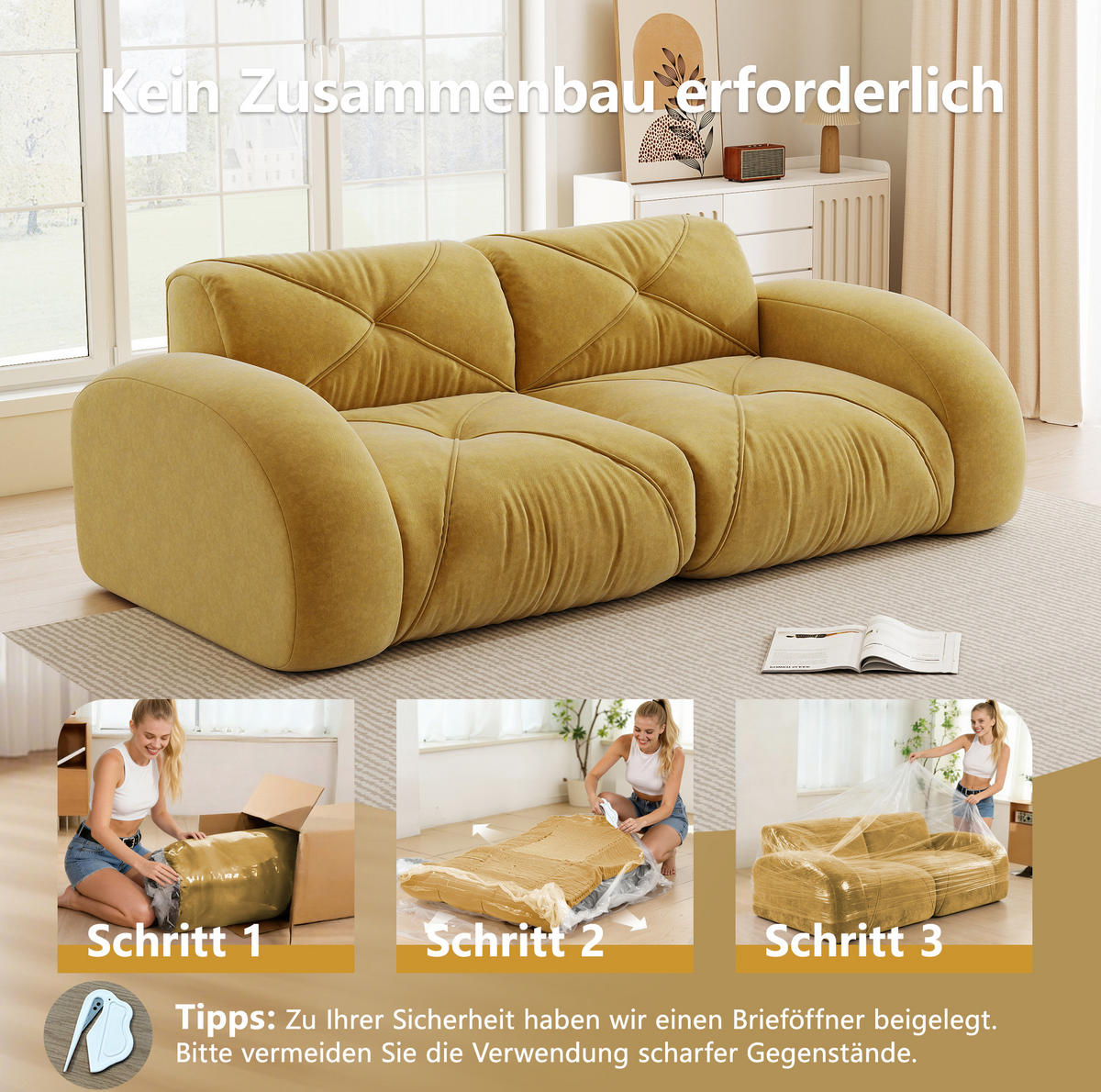 2-SITZER-MODULSOFA aus Chenille Gelb rahmenlos, 2-Sitzer, mit 32D-Schaumstoff und flexiblem Modulsystem - Gelb, Textil (204/76/95cm) - Modfu
