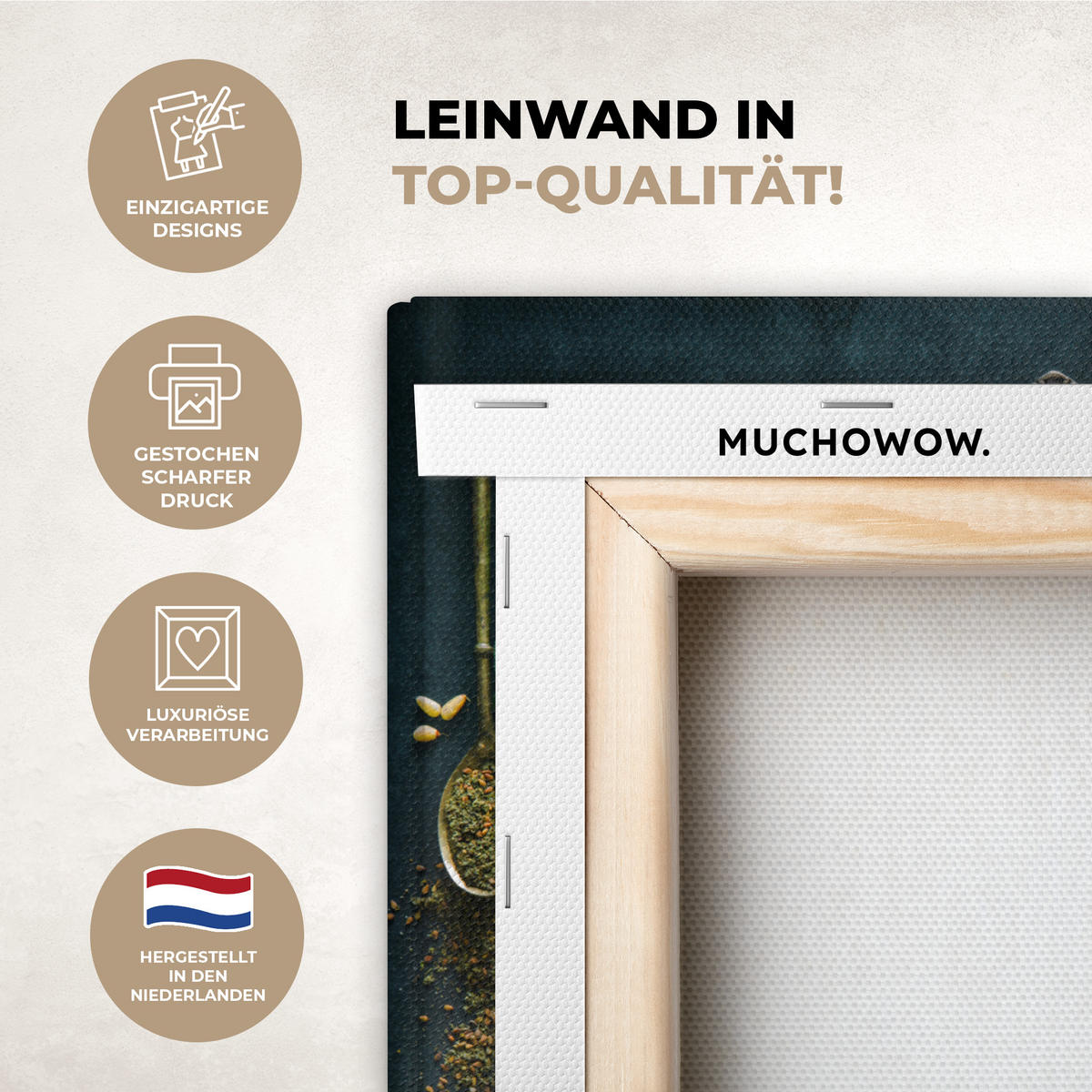 LEINWANDBILD Kräuter - Gewürze - Löffel Wandbild 40x30 cm - Currygelb, Textil (40/30cm) - MuchoWow