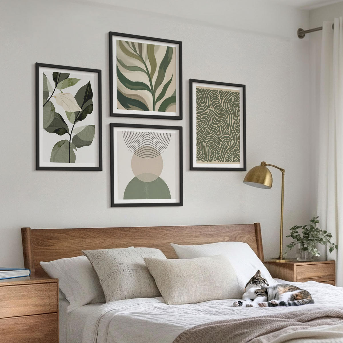 BILDER SET 4er Set - 50x50 cm & 40x60 cm Schwarzer Rahmen - Blätter geometrische Formen abstrakt - Schwarz, Kunststoff (50/50cm) - TULUP