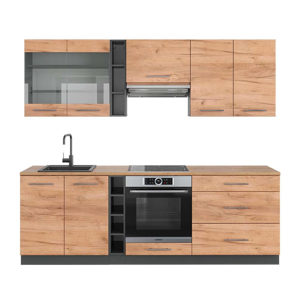KÜCHENZEILE Fame-Line Goldkraft Eiche/Anthrazit 235 cm, AP Eiche - Honigeiche/Anthrazit, Holzwerkstoff (235/81.6/60cm) - Vicco