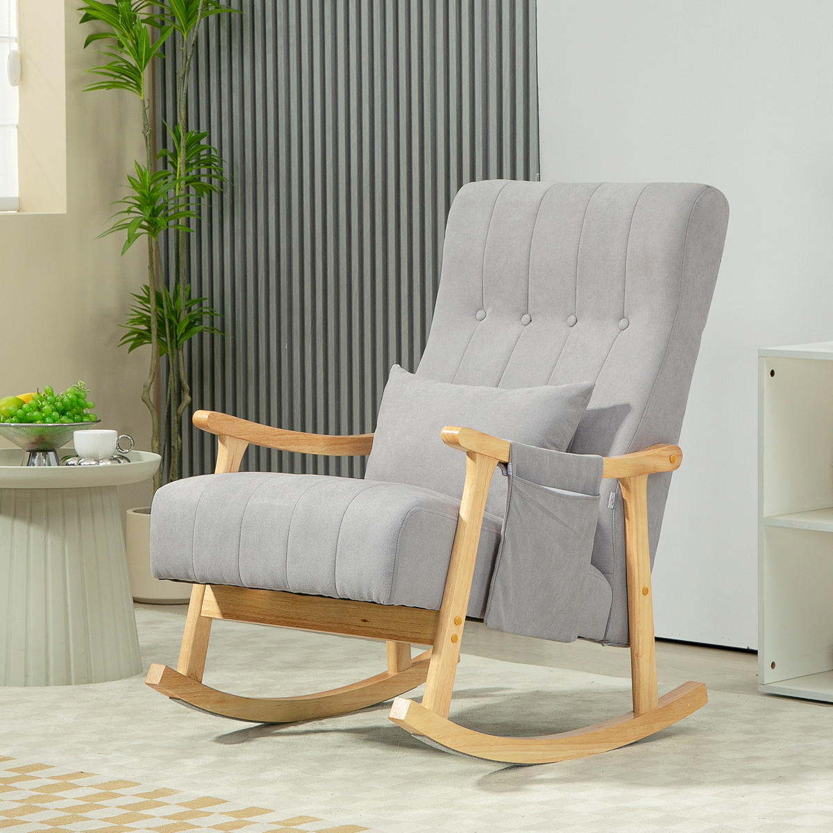 SCHAUKELSTUHL Schaukelsessel mit Lendenkissen, Seitentasche für Wohnzimmer Grau - Naturfarben/Grau, Holz/Buchenholz (65/98/90cm) - HOMCOM