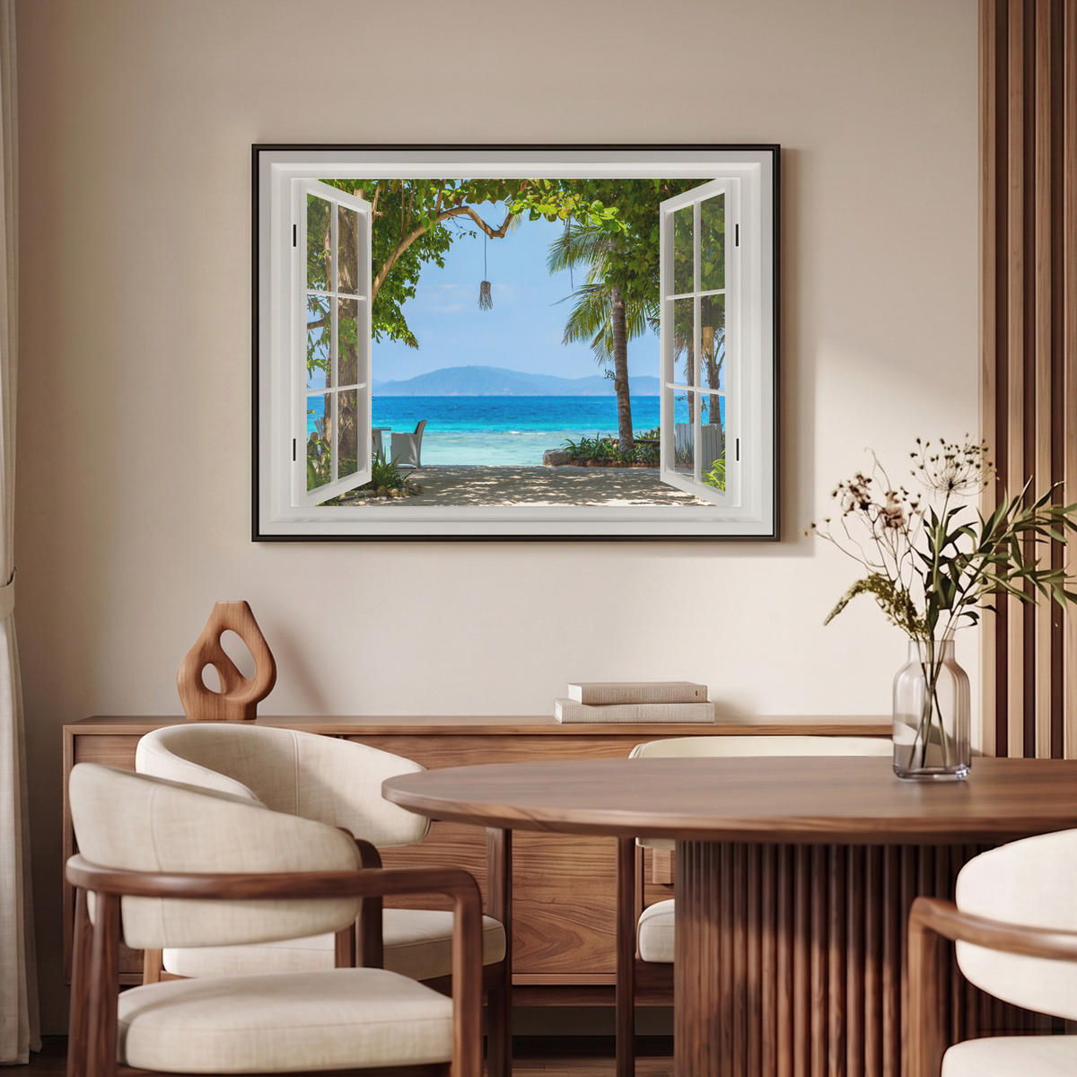 LEINWAND Bilder mit Rahmen - Aussicht - Baum - Meer - Palme - Hügel - Strand - Blau - 100x70 - Blau, Textil (100/70cm) - MuchoWow