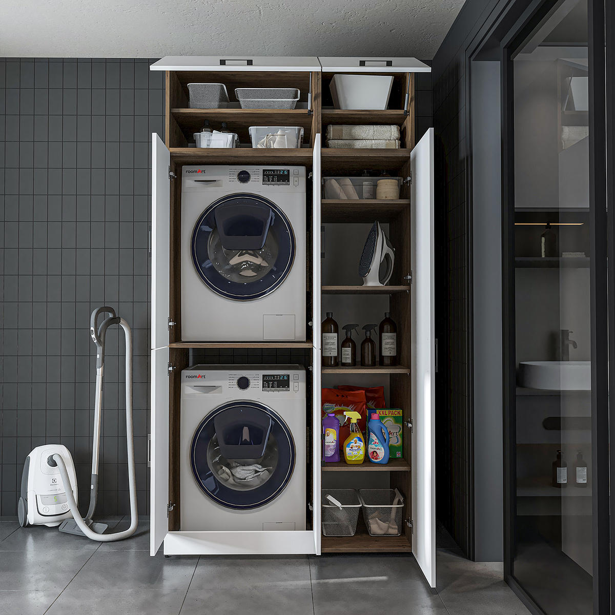 WASCHMASCHINENSCHRANK DORA-II 115cm Breit, 230cm Hoch - Eiche Bianco, Holzwerkstoff (115/230/73.8cm)