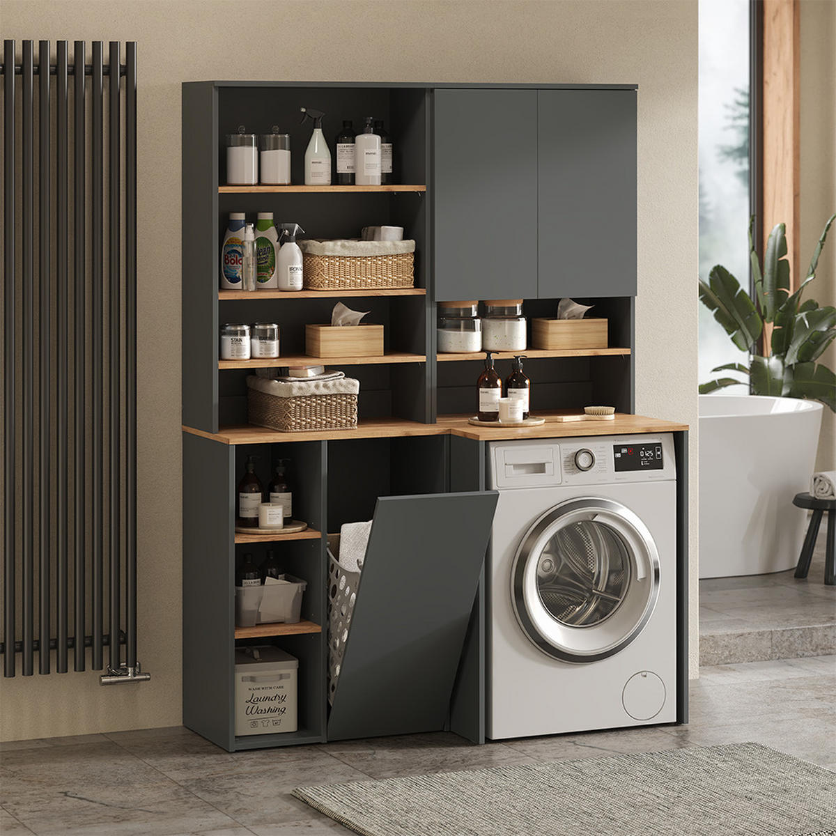 BADSCHRANK Viktor Anthrazit/Goldkraft Eiche 68 x 88.2 cm , mit offenen Regalen und Wäschekorb - Honigeiche/Anthrazit, Holzwerkstoff (68/88.2/40.5cm) - Vicco