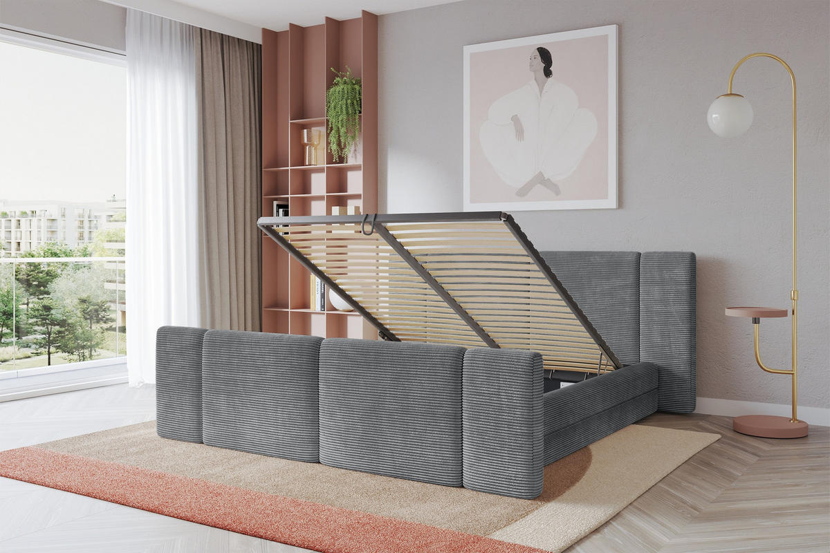 POLSTERBETT mit Bettkasten, Fußteil und Lattenrost, Bett mit Matratze H3/H4 - TEVO-Z 180x200 Dunkelgrau - Graphitfarben, Holzwerkstoff/Textil (180/200cm) - ALTDECOR