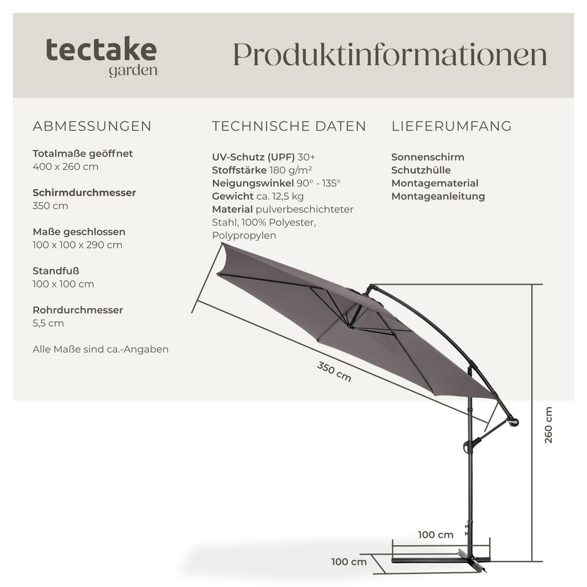 SONNENSCHIRM Ciccio,inklusive Schutzhülle,grau - Grau, Textil (350/350cm) - tectake
