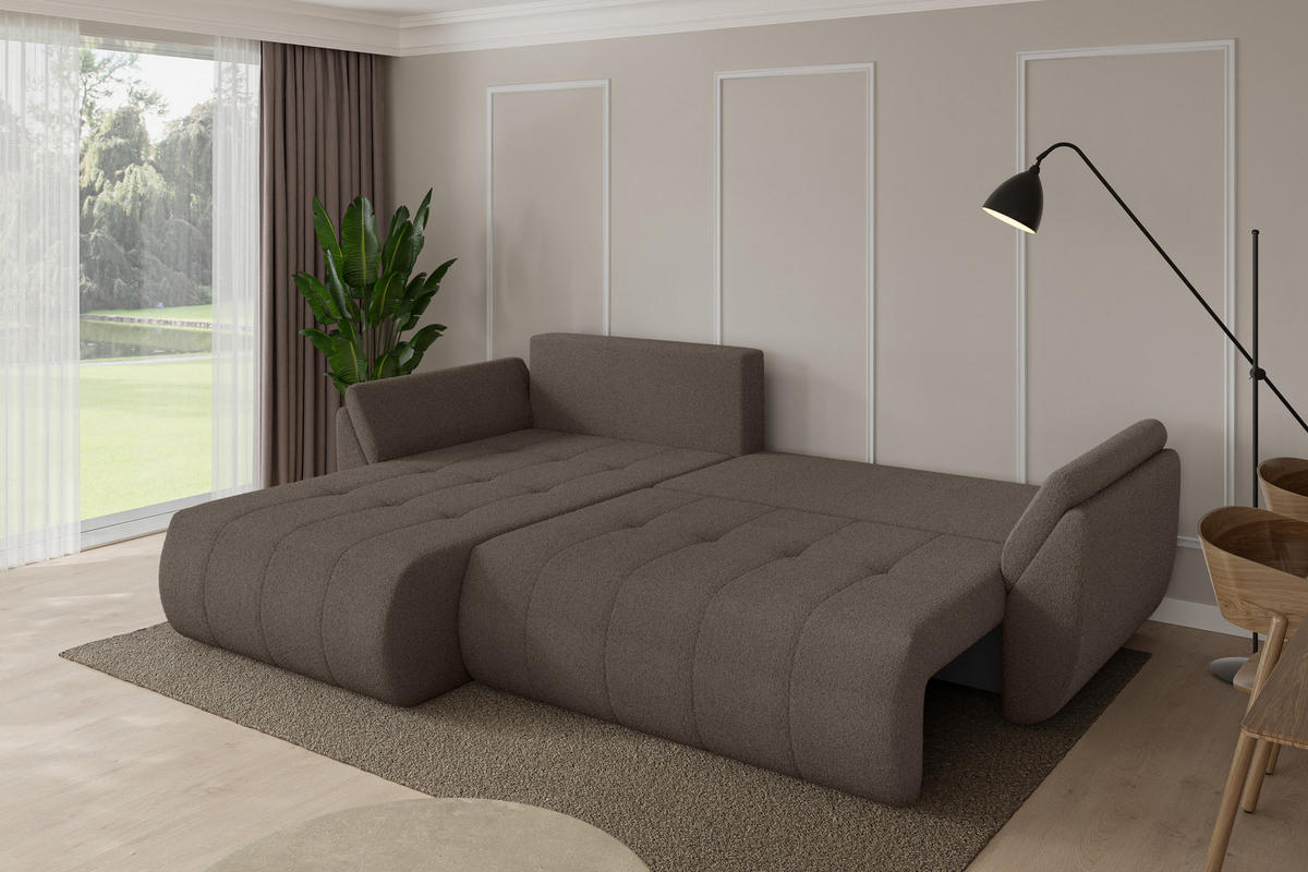 ROHOVÁ SEDAČKA s funkcí spaní, otoman vlevo TOKO-L 277x194x86 hnědá bouclé - černá/hnědá, kompozitní dřevo/textil (277/194cm) - ALTDECOR