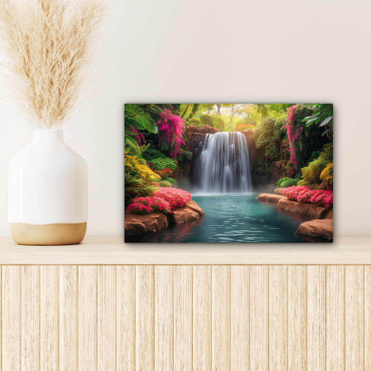 LEINWANDBILD Wasserfall - Natur - Pflanzen - Dschungel - Wasser 30x20 cm - Grün, Textil (30/20cm) - MuchoWow