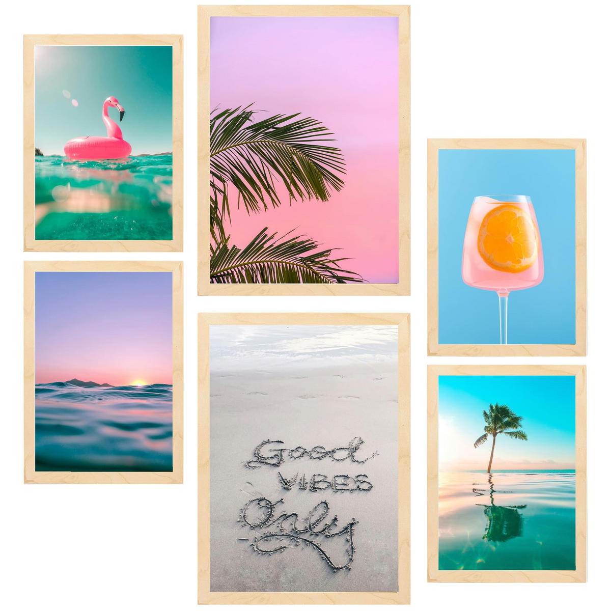 POSTER Set Mit 6 Sommer Leuchtende Strandfarben A3 & A4 Rahmen Aus Hellem Holz - Beige, Papier (29/3cm) - Nacnic