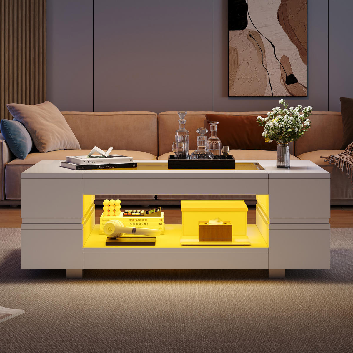 KONFERENČNÍ stolek z dřevotřísky 100x50x35 cm bílý s LED osvětlením, skleněnou deskou a úložným prostorem - bílá, kompozitní dřevo (100/50/35cm) - Modfu