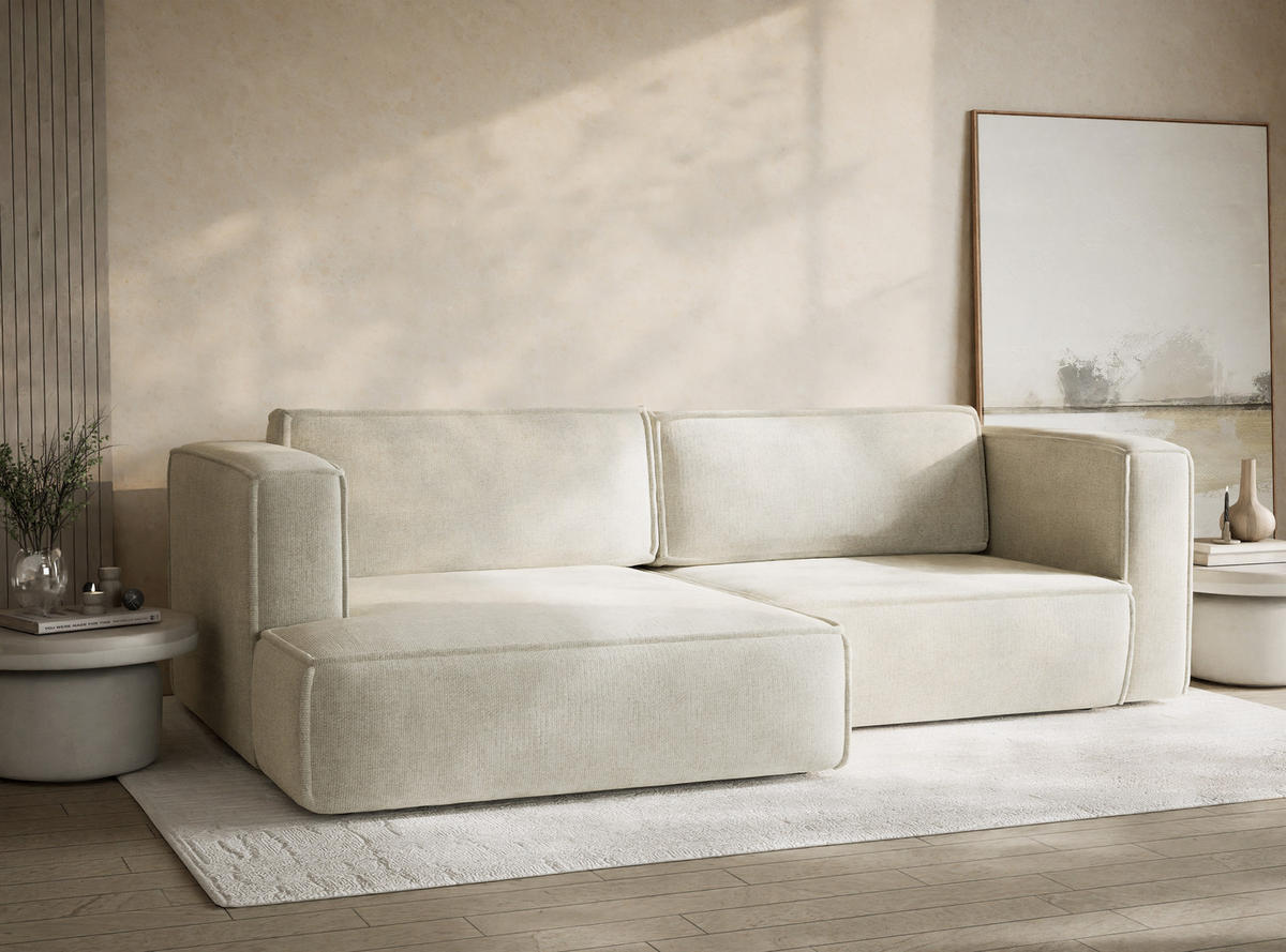 ECKSOFA MIT SCHLAFFUNKTION Velto Creme Chenille-Stoff - Creme/Schwarz, Holz/Holzwerkstoff (152/250cm) - Maison de Reve