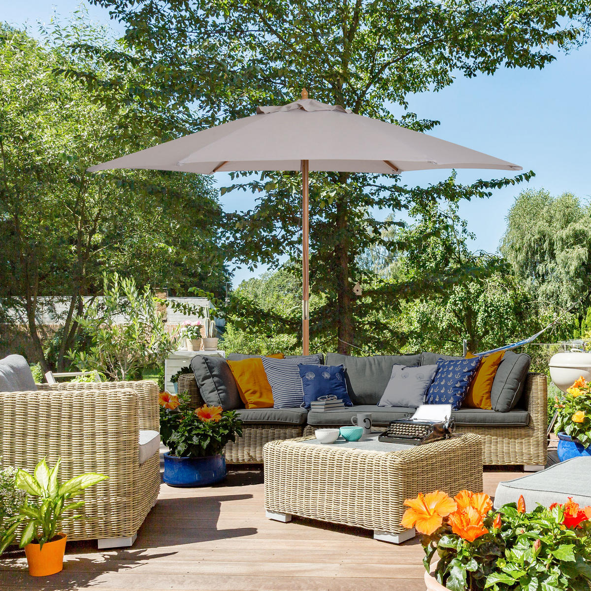 SONNENSCHIRM, Bambus, Polyester, Grau - Grau, Holz (250/250cm) - Outsunny