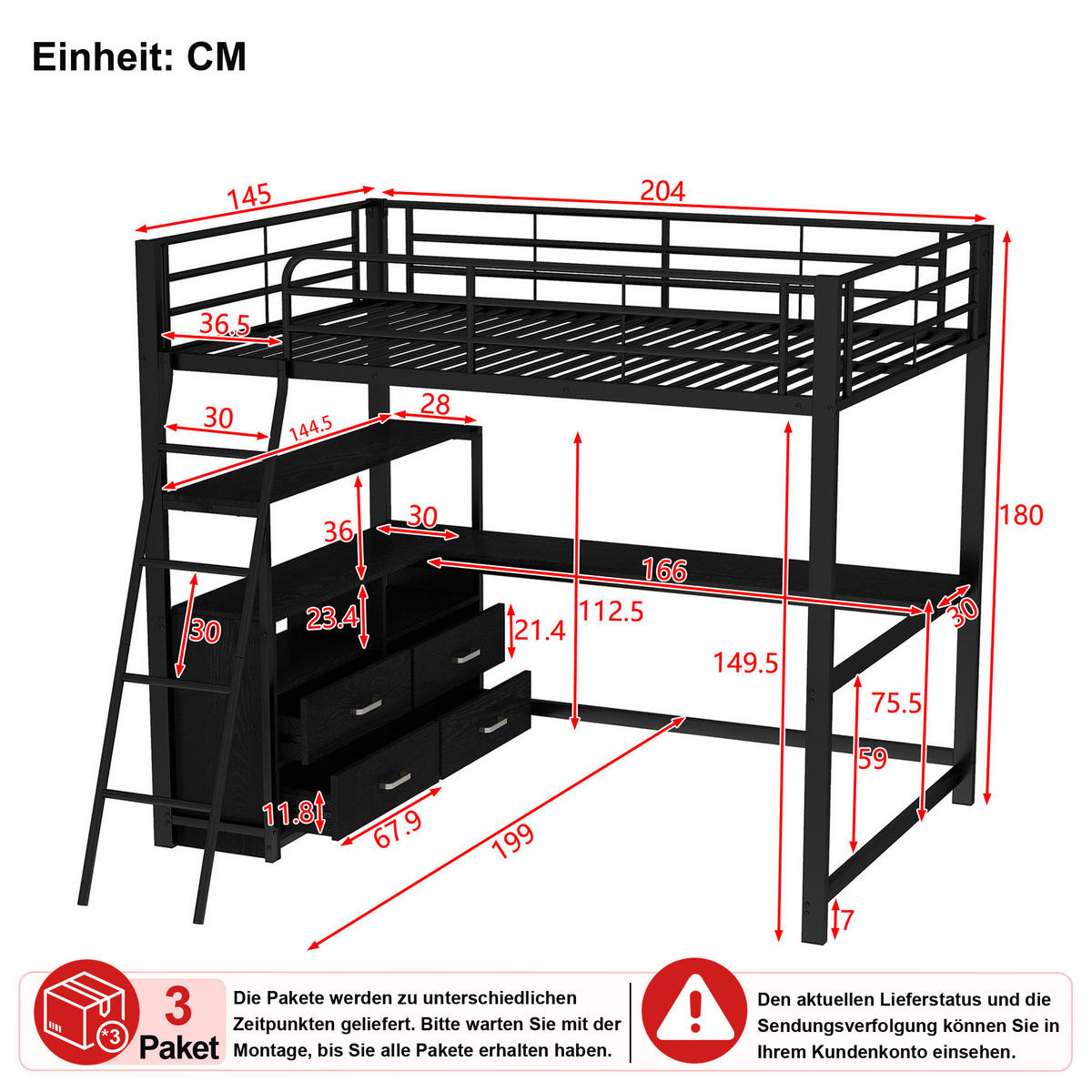 HOCHBETT 140/200 cm in Schwarz mit Schubladen und L-förmigem Schreibtisch - Schwarz, Metall (140/200cm) - CHICFURN