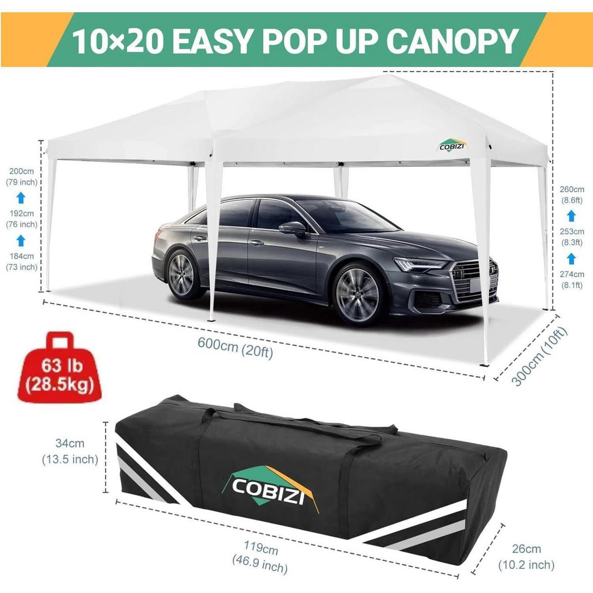 POP-UP Faltpavillon 3 x 6 m weiß mit 6 Seitenteilen - Weiß, Textil (300/274/600cm)