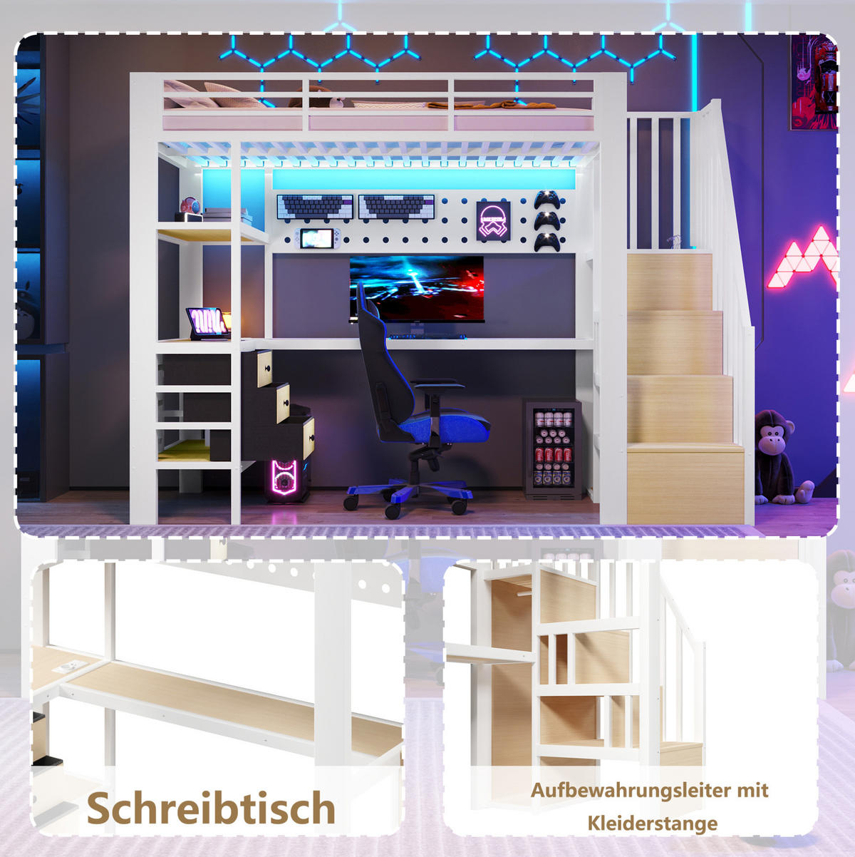 HOCHBETT 90/200 cm aus Metall und MDF mit Schreibtisch, Stauraum und LED-Beleuchtung Weiß - Weiß, Holzwerkstoff (90/200cm) - Modenvie