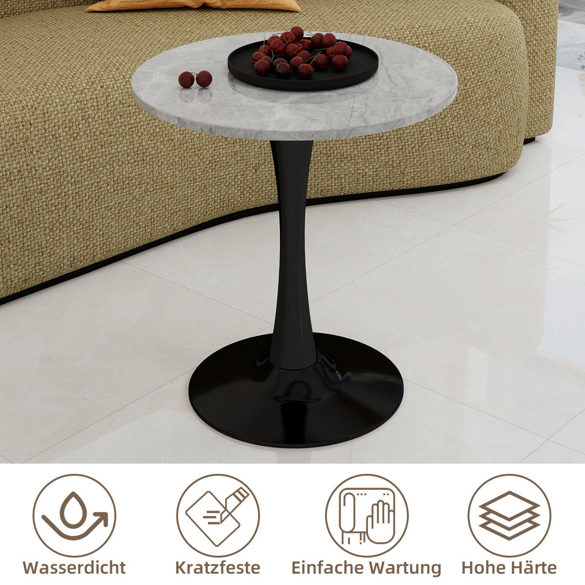 COUCHTISCH 70/70/72 cm Schwarz Grau mit runder Kunstmarmor-Platte im minimalistischen Design - Grau, Stein (70/70/72cm) - OKWISH