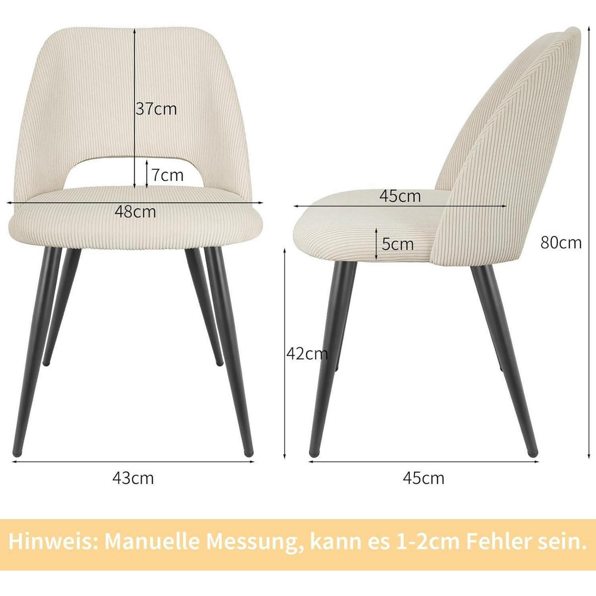 ESSZIMMERSTÜHLE 2er Set Kordsamt Beige mit Metallbeinen - Beige, Textil (48/80/45cm)